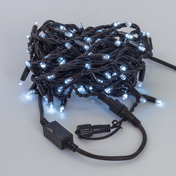 Гирлянда Нить, 10м., 100 LED, холодный белый, без мерцания, черный резиновый провод. Гирлянда РФ 05-1761, цвет разноцветный