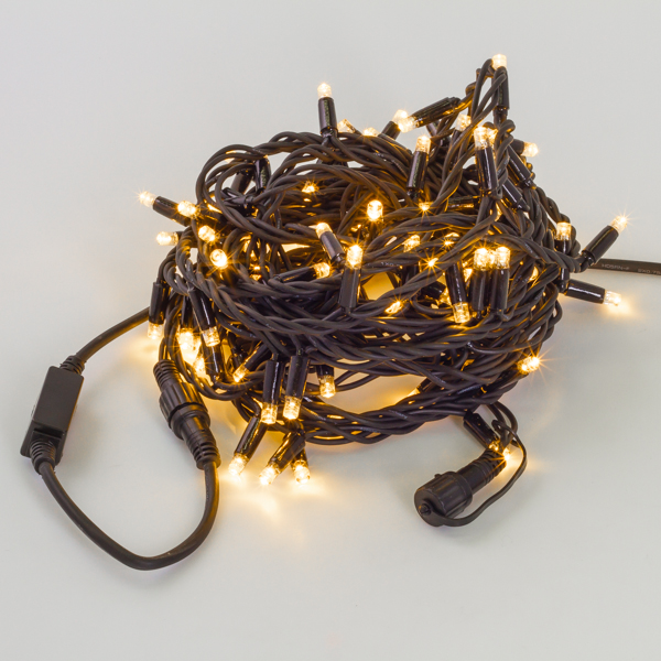Гирлянда Нить, 10м., 100 LED, теплый белый, без мерцания, чёрный резиновый провод. Гирлянда РФ 05-1762, цвет разноцветный