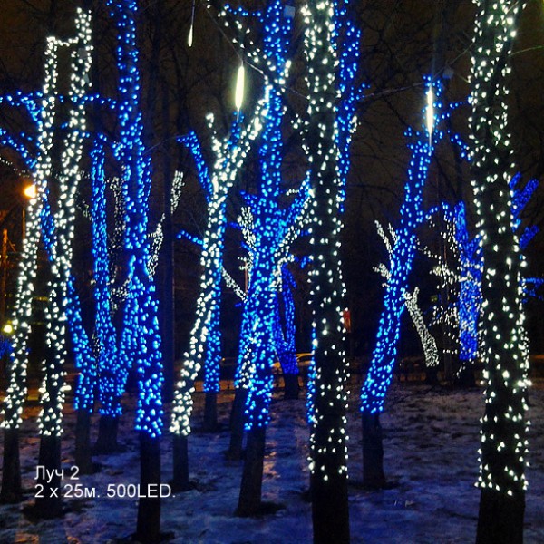 Гирлянда на Деревья, ЛУЧ 2, 2х25м., 50м., 500 LED, 220/24B., холодный белый, с мерцанием синий, черный ПВХ провод. Гирлянда РФ 05-1911, цвет разноцветный