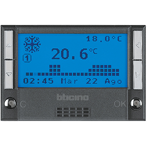 Термостат электронный недельный батарея 2х1,5V 3 мод Bticino AXOLUTE HS4451, цвет серый