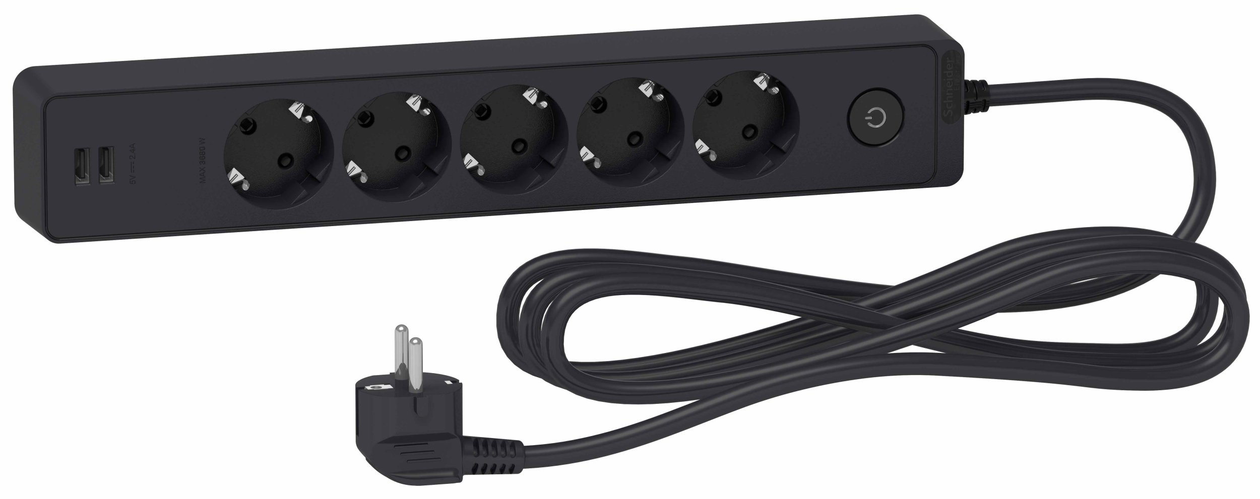 Удлинитель 5 розеток 2К+З, кабель 3м, 2 USB Schneider Electric Unica NEW ST945U3B, цвет черный - фото 1
