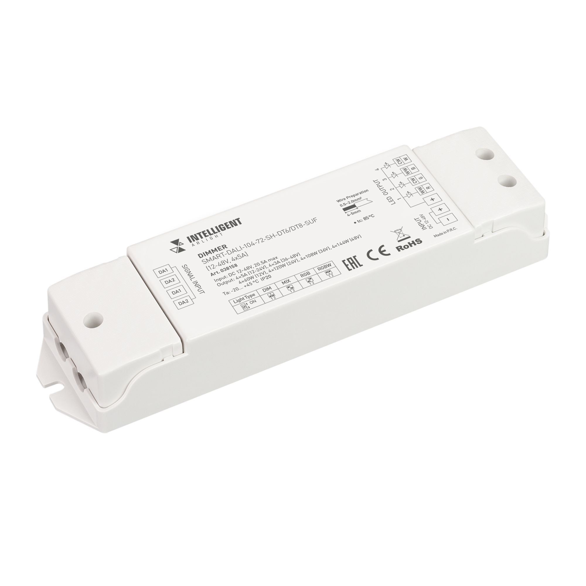 

Диммер SMART-DALI-104-72-SH-DT6/DT8-SUF 12-24V/36-48V 240-480W/432-576W 4x5A Arlight 038158