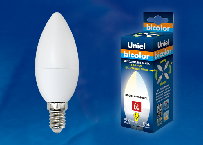 Светодиодная лампа Uniel Свеча 6W 450lm 3000-4000K E14 UL-00001570