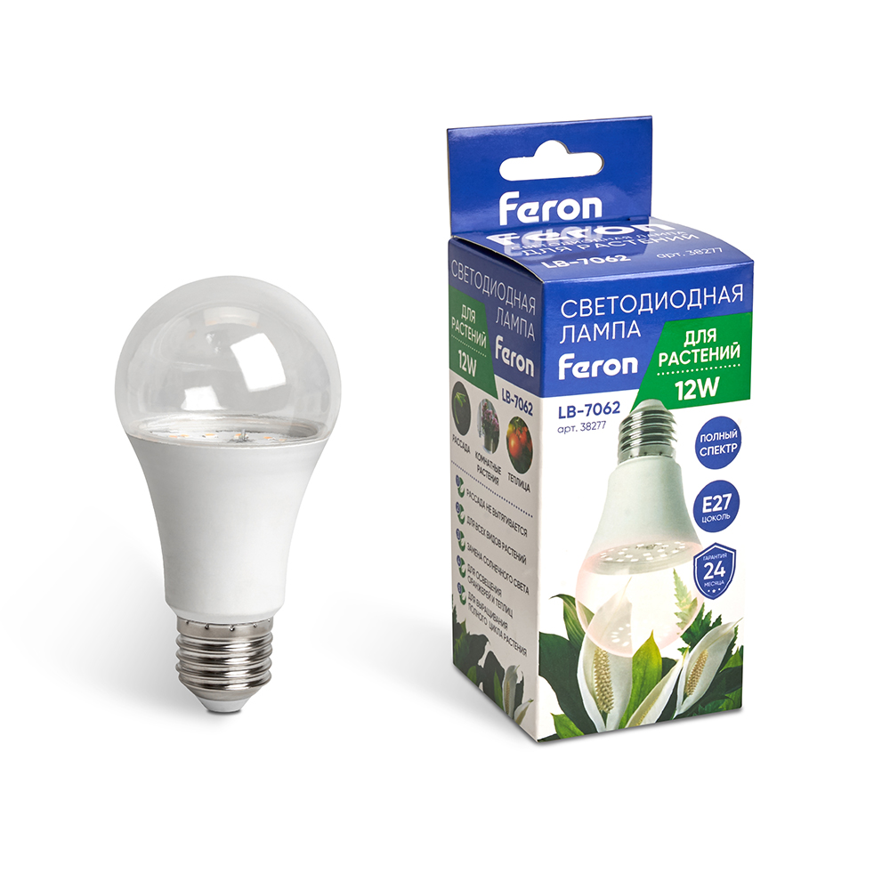 Светодиодная лампа для растений Feron А60 12W E27 38277, цвет прозрачный