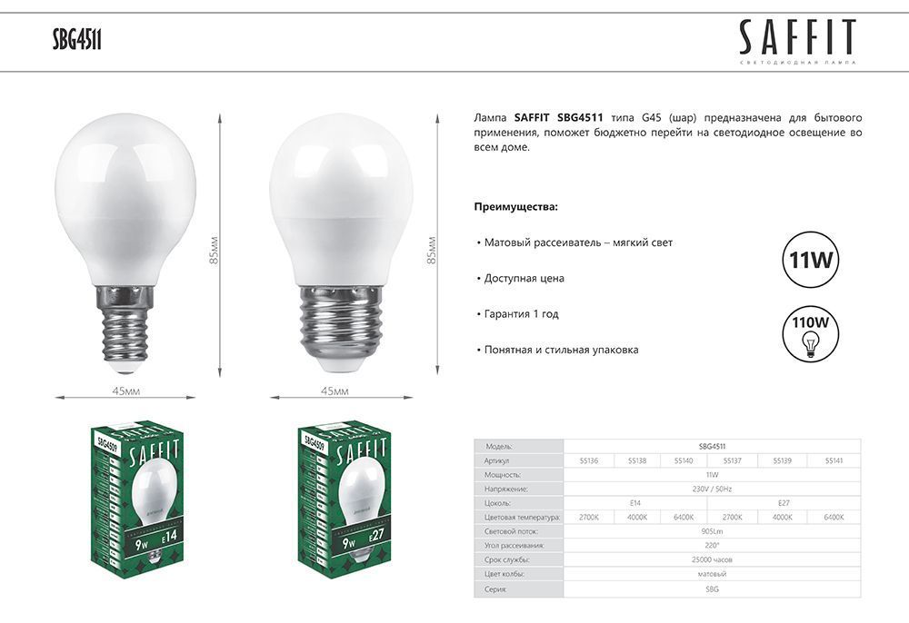 Светодиодная лампа Saffit Шар 11W 905lm 2700K E14 55136, цвет белый;матовый - фото 2